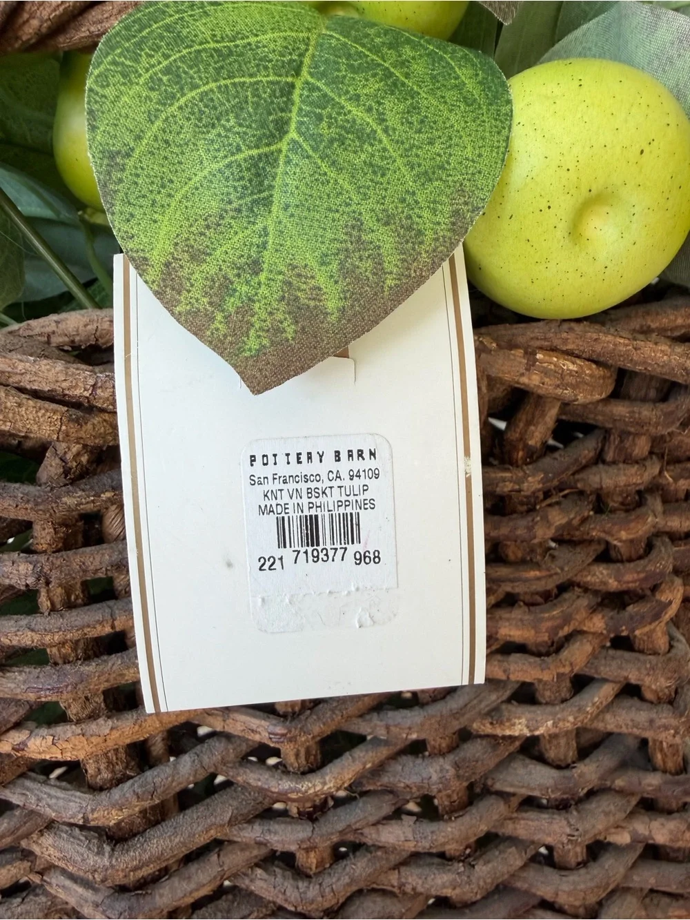 Pottery Barn Dark Brown Woven Basket with Handle Green Pear Foliage